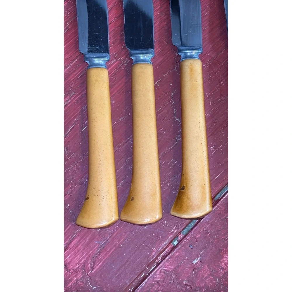 6 Vtg Royal Brand Sharp Cutter‎ Stainless Steel Knife Yellow Celluloid Handle